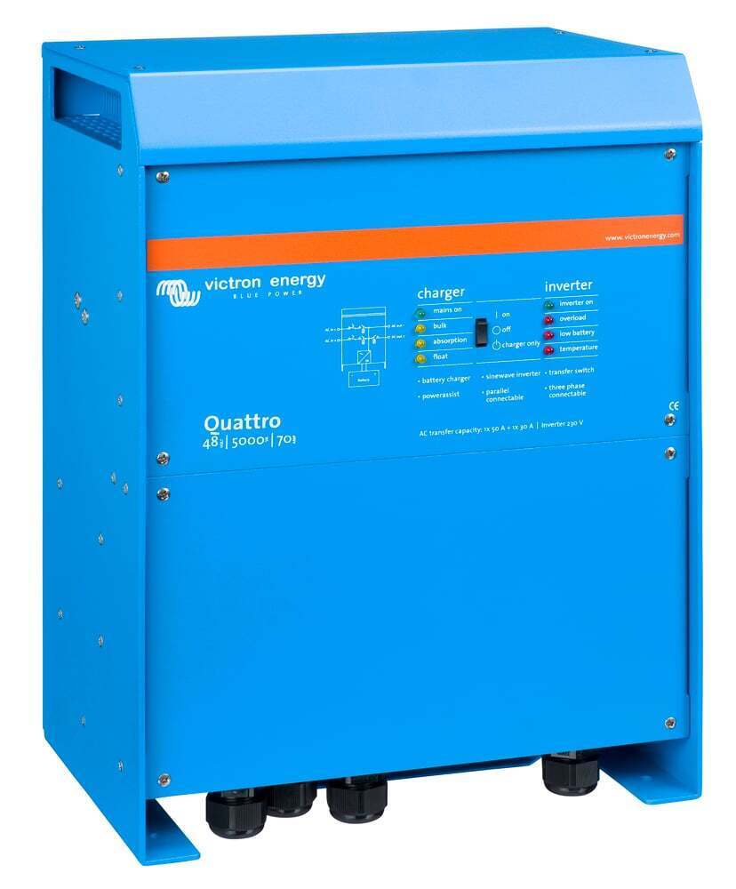 Right perspective view of the Victron Quattro 48V 5000VA inverter charger showing side cooling vents
