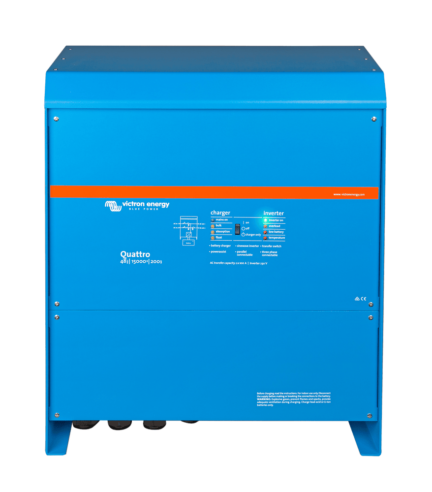 Front view of blue Victron Quattro 15000VA inverter charger showing status LEDs and system interface