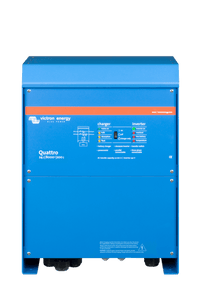 Front view of Victron Quattro 48V 8000VA inverter charger showing indicator LEDs and main switch