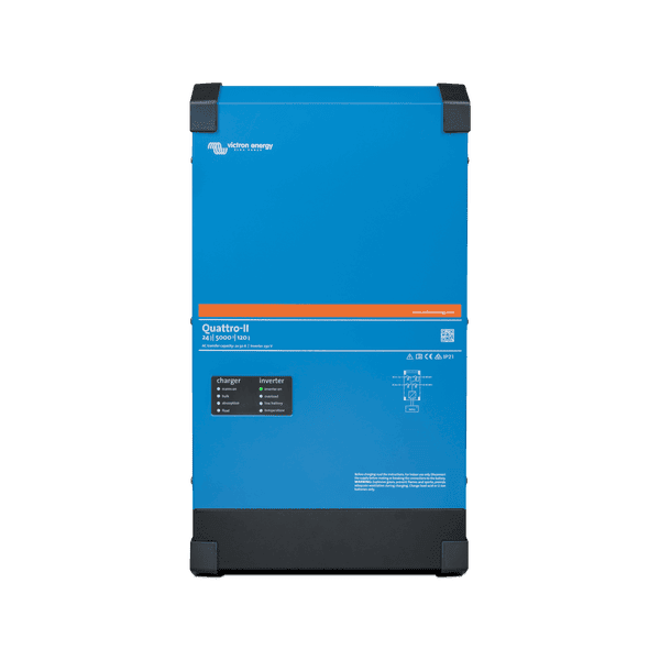 Front view of the blue Victron Quattro-II 24V 5000VA inverter charger