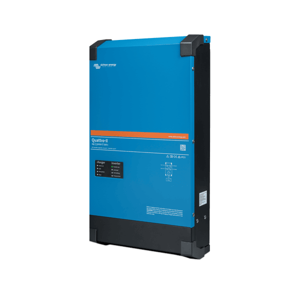 Front-right perspective view of the steel enclosure Victron Quattro-II 24V unit