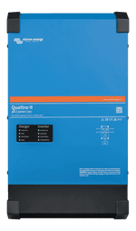 Front view of blue Victron Quattro-II 48V 5000VA inverter charger