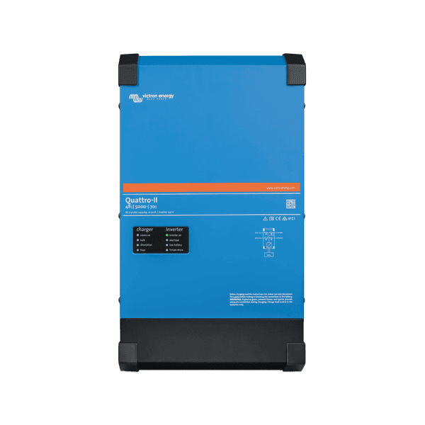 Front view of blue Victron Quattro-II 48V 5000VA inverter charger