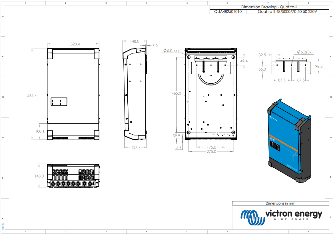 Dimensional drawing of the Victron Quattro-II 48/5000/70-50/50 in millimetres