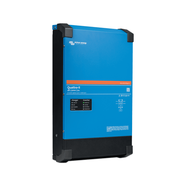 Perspective view of the Victron Quattro-II 48/5000/70-50 inverter charger showing side profile