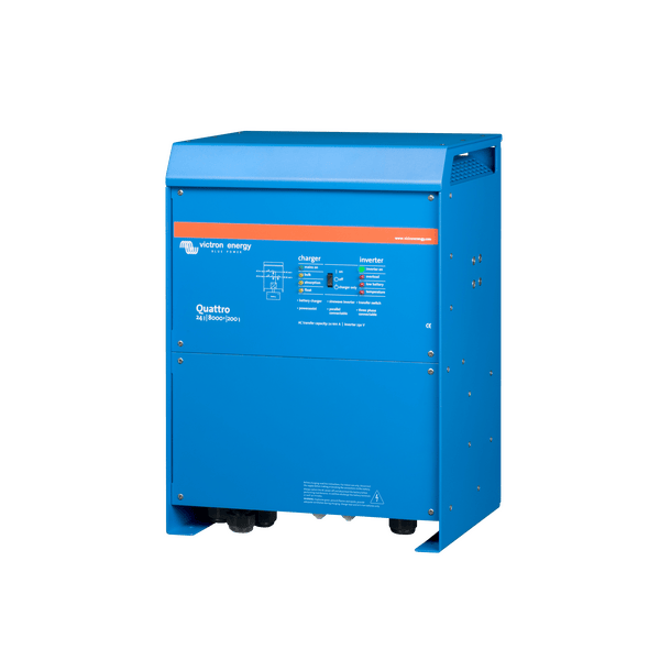 Isometric right view of the blue Victron Quattro 8000VA metal enclosure showing side ventilation