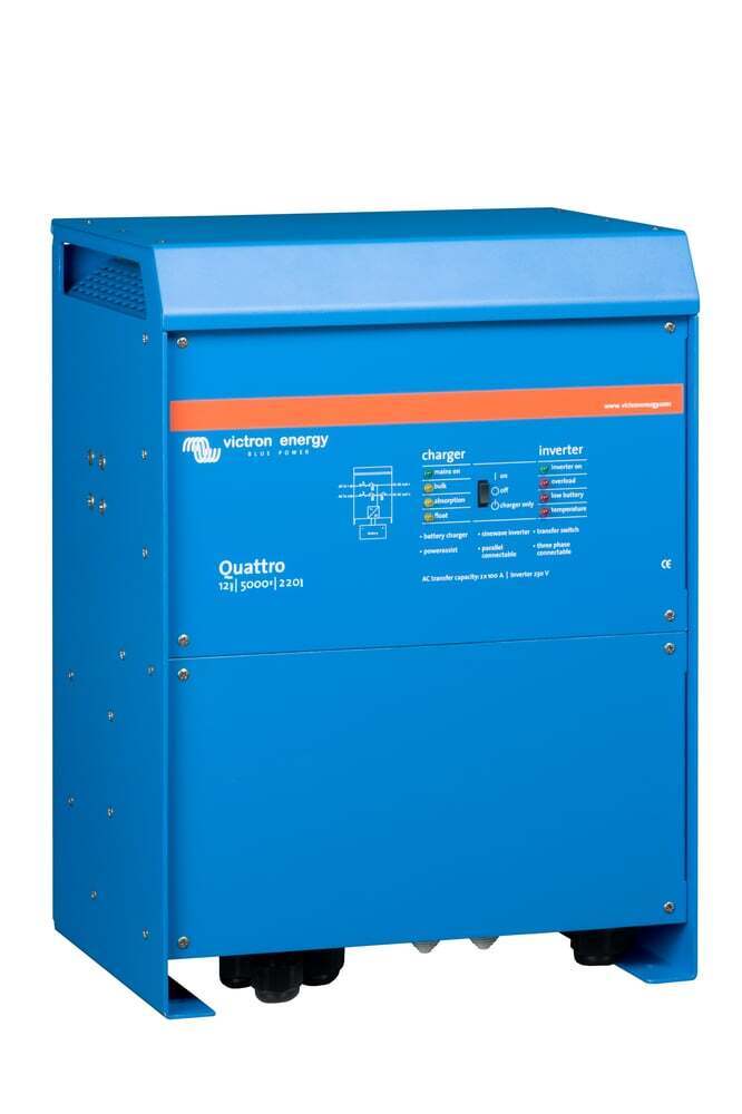 Side profile showing cooling vents and cable entry of the Victron Quattro inverter
