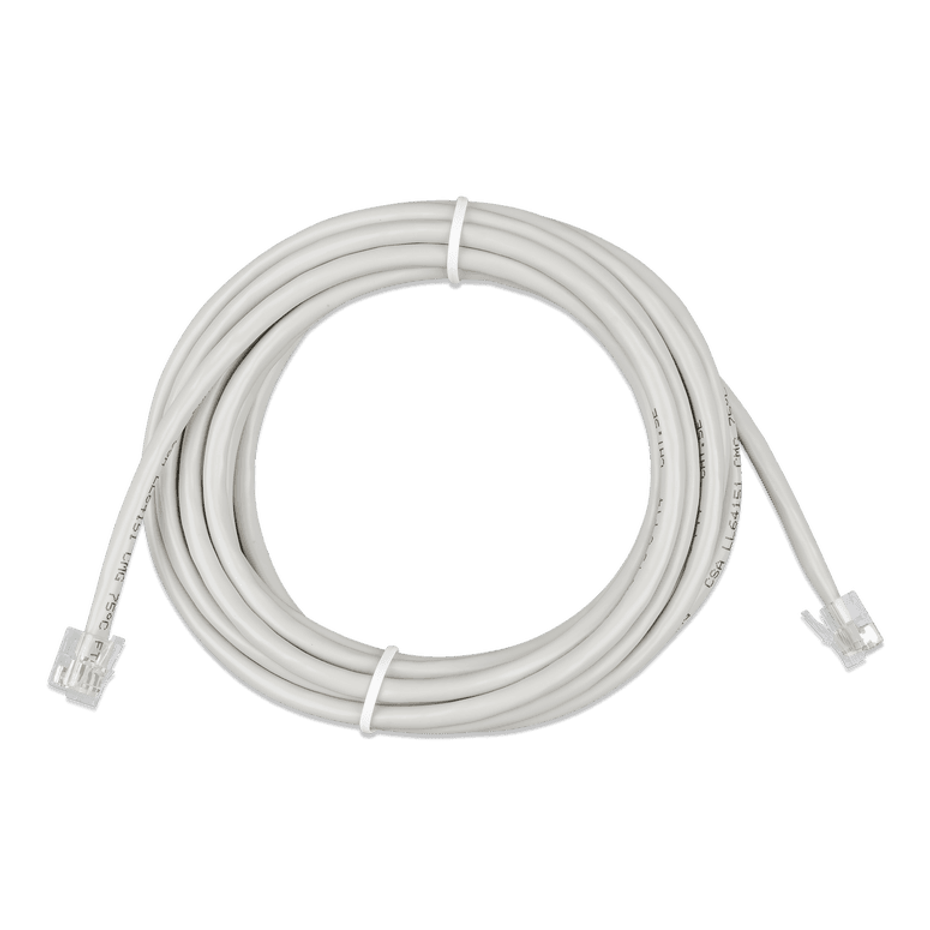 Coiled 10m grey RJ12 UTP cable with transparent modular connectors on both ends