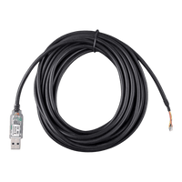 Coiled five metre Victron RS485 to USB interface cable with USB-A connector and stripped wire ends