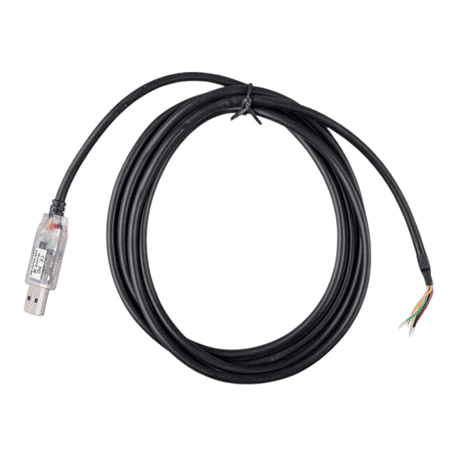 Coiled 1.8m black interface cable with USB-A plug and colour-coded stripped wire ends