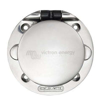 Front view of closed Victron stainless steel shore power inlet showing mounting holes