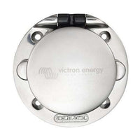 Front view of closed Victron stainless steel shore power inlet showing mounting holes