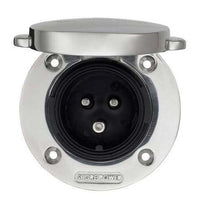 Front view of open Victron shore power inlet showing three male pins and internal gasket