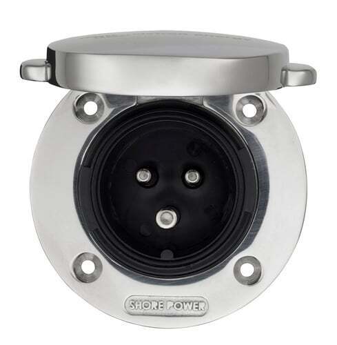 Front view of open Victron shore power inlet showing three male pins and internal gasket
