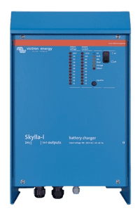 Front view of Victron Skylla-i 24V 100A battery charger showing status LEDs and control switch