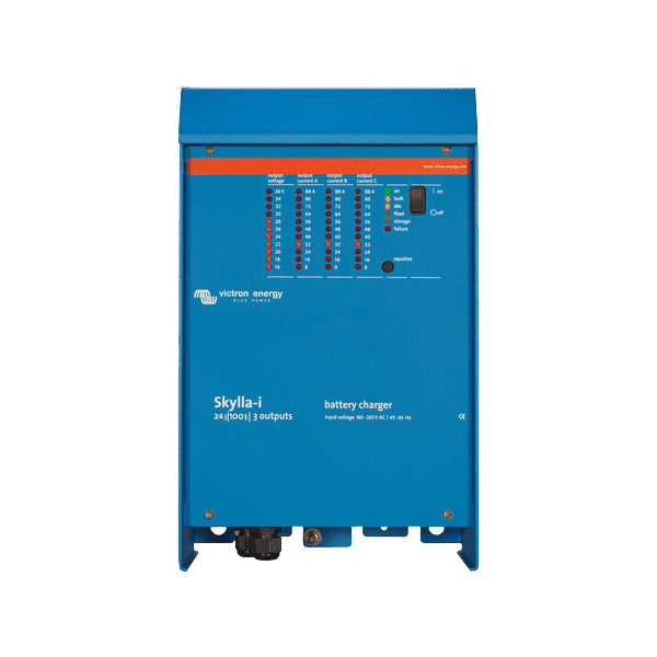 Front view of Victron Skylla-i 24V 100A battery charger with status LED indicators