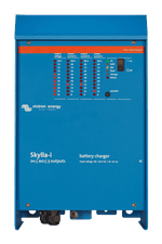 Front panel of a blue Victron Skylla-i 24V 80A battery charger with LED status display and power switch