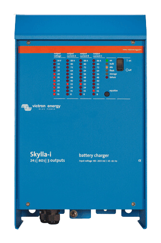 Front panel of a blue Victron Skylla-i 24V 80A battery charger with LED status display and power switch