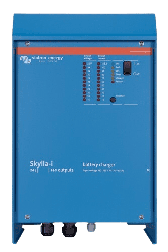 Front view of a blue Victron Skylla-i 24V 80A battery charger showing LED status display and power switch