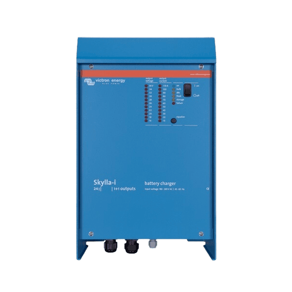 Front view of a blue Victron Skylla-i 24V 80A battery charger showing LED status display and power switch
