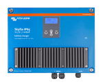 Front view of Skylla-IP65 battery charger featuring LCD, navigation buttons and large cooling fins