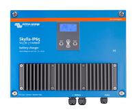 Front view of Skylla-IP65 battery charger featuring LCD, navigation buttons and large cooling fins