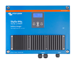 Front view of blue Victron Skylla-IP65 24V 35A battery charger with LCD display and cooling fins