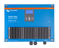 Front view of blue Victron Skylla-IP65 24V 35A battery charger with LCD display and cooling fins