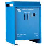 Front view of a blue Skylla-TG 24V 80A battery charger featuring LED status indicators and a power switch