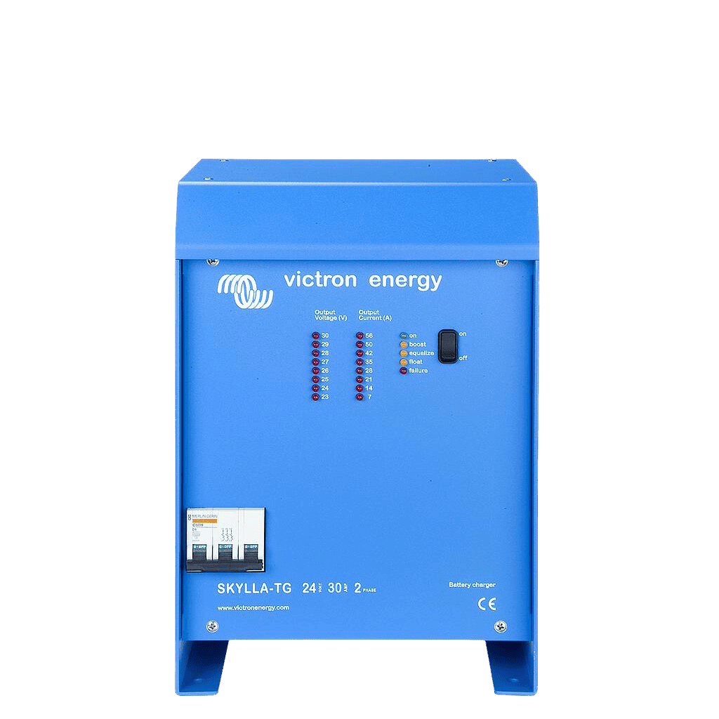 Front of a blue 24V 30A battery charger with status LED display, power switch and circuit breaker