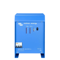 Front of a blue 24V 30A battery charger with status LED display, power switch and circuit breaker