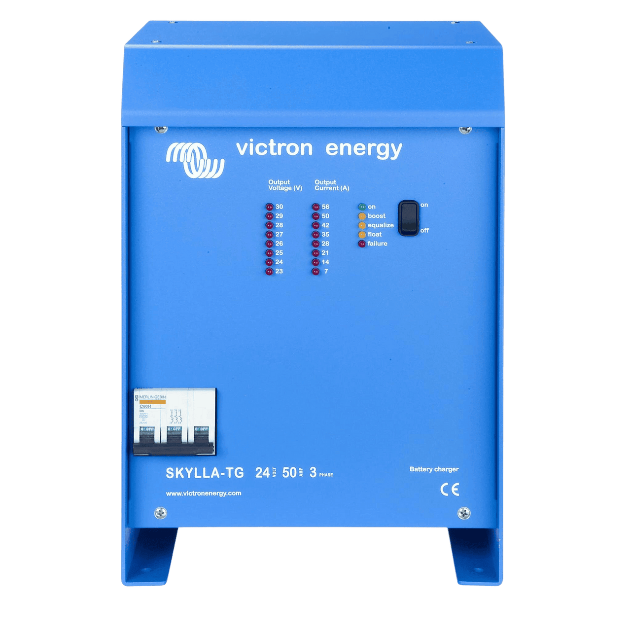 Front view of Victron Skylla-TG 24V 50A battery charger with LED display panels and circuit breaker