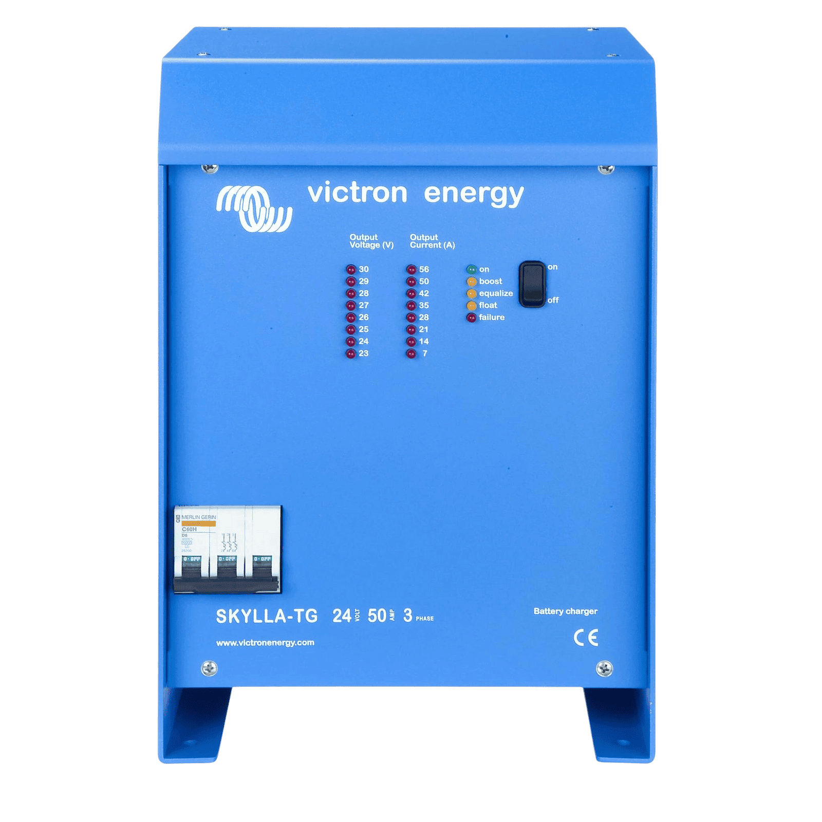 Front view of Victron Skylla-TG 24V 50A battery charger with LED display panels and circuit breaker