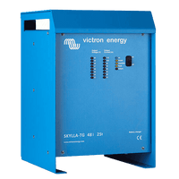 Front view of blue Victron Skylla-TG 48/25 battery charger showing LED status panel and power switch