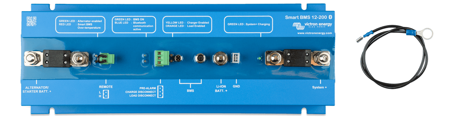 Top-down view of Victron Smart BMS 12-200 with terminal ports and status indicators