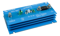 Isometric view of a blue Victron Smart BMS CL 12/100 battery management system with terminal studs and heat sink