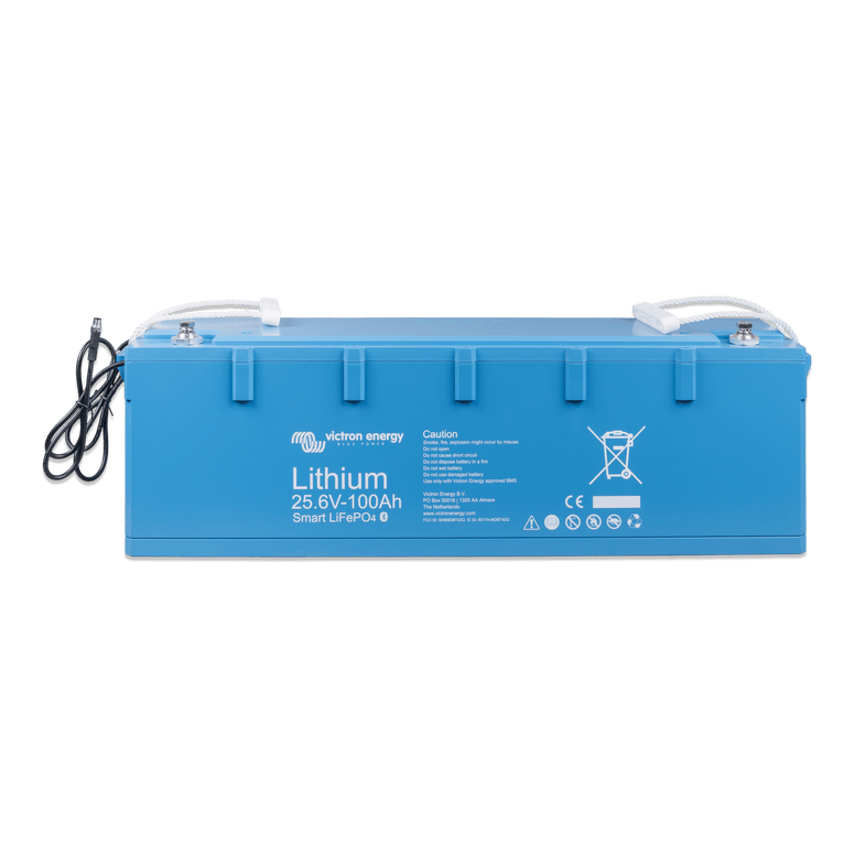 Perspective view of the Victron Smart LiFePO4 25.6V 100Ah battery showing the long form factor and blue casing
