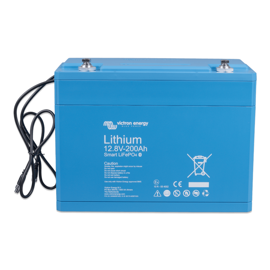 Angled front view of blue Victron lithium battery showing durable enclosure and top terminals