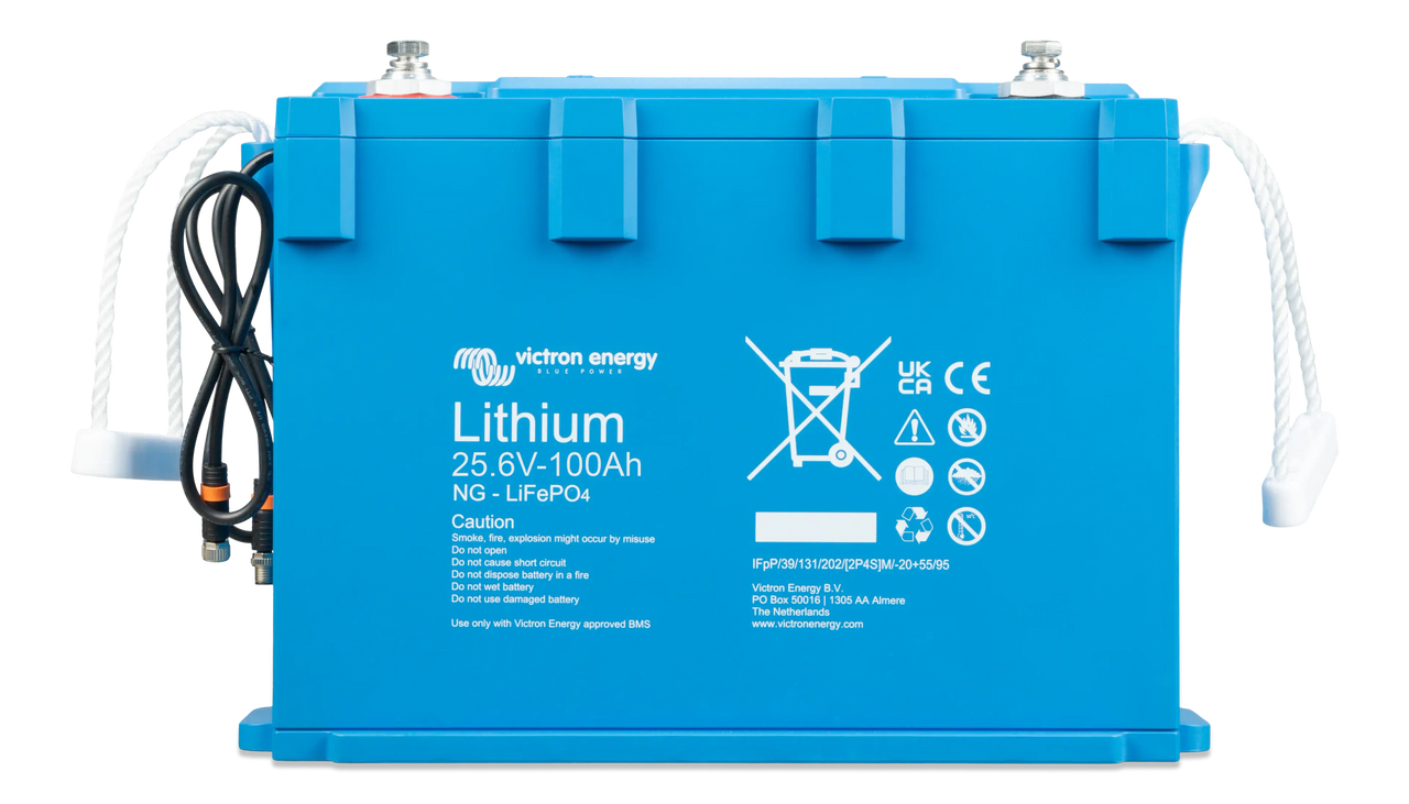 Front view of Victron Smart NG 24V 100Ah LiFePO4 battery showing technical labels