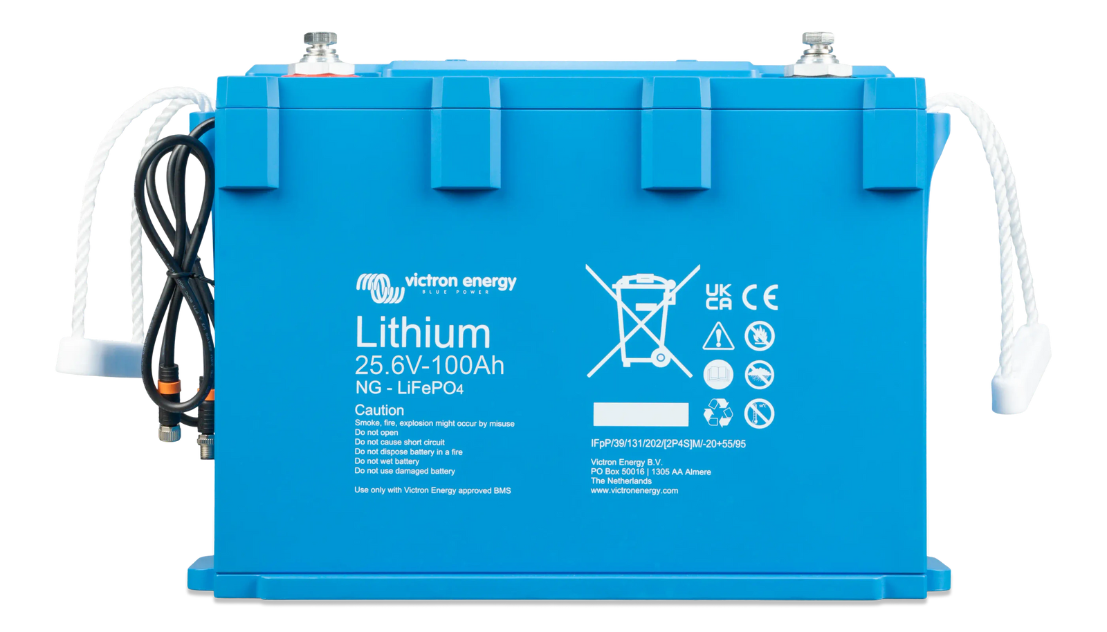 Front view of Victron Smart NG 24V 100Ah LiFePO4 battery showing technical labels