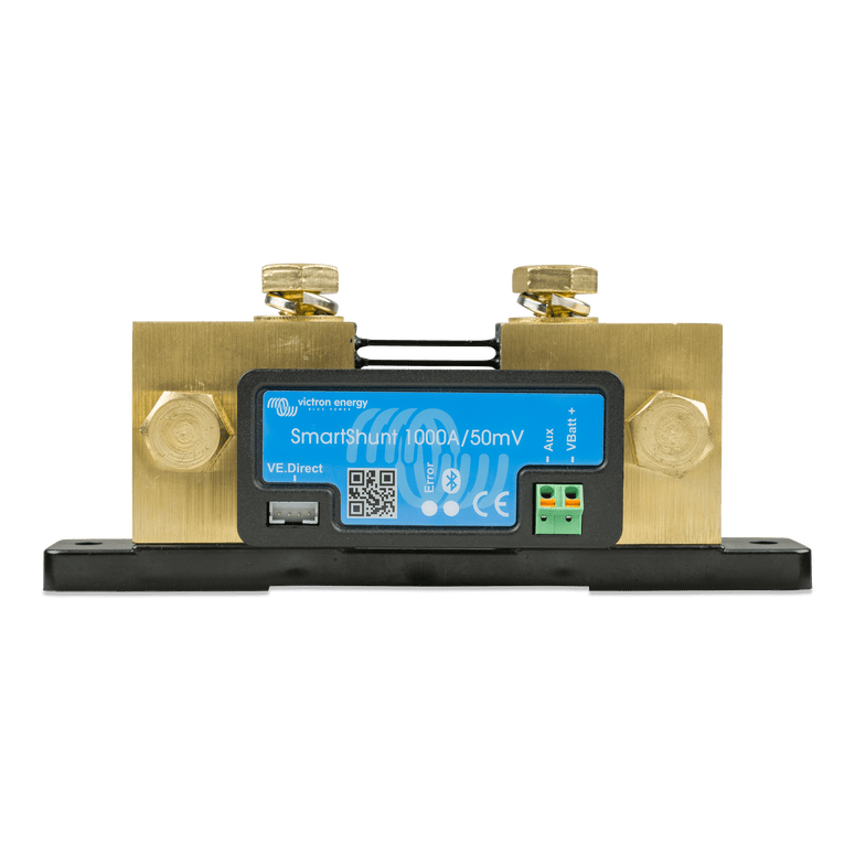 Front view of the SmartShunt 1000A unit showing VE.Direct and auxiliary input terminals