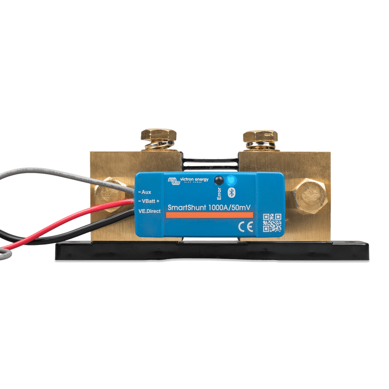 Front view of Victron SmartShunt 1000A IP65 with blue Bluetooth module and brass terminals