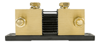 Close-up side view of the 2000A SmartShunt cooling fins between two large brass terminal blocks