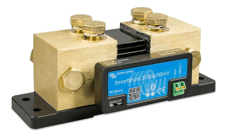 Side view of the SmartShunt showing system and battery minus labels on the electronics interface