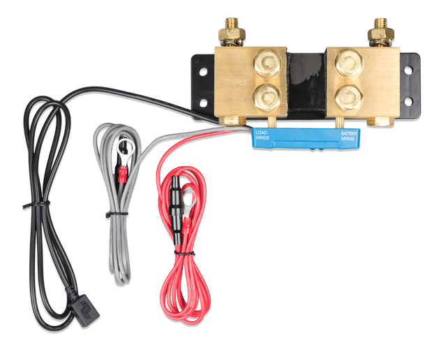 Top view of Victron 2000A battery monitor shunt with four M10 brass connection points