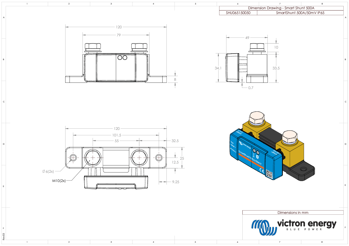 Dimensional drawing of SmartShunt 500A showing housing width of 120mm and M10 bolts