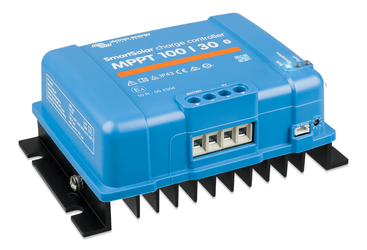 Side view of blue Victron MPPT solar controller with black mounting frame