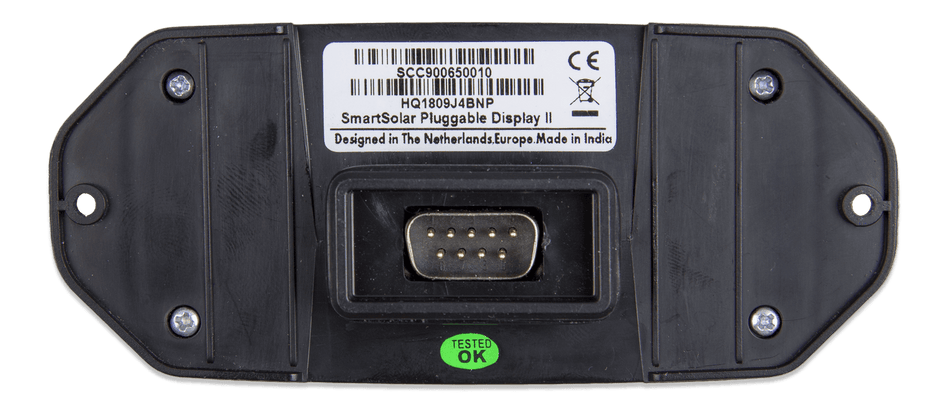 Rear view of pluggable solar display showing the 9-pin connection port and labels