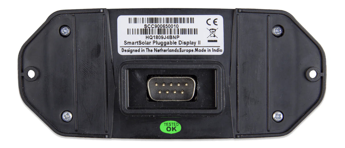 Rear view of pluggable solar display showing the 9-pin connection port and labels