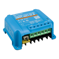 Side perspective of the blue MPPT 100/15 controller highlighting the status LED indicators